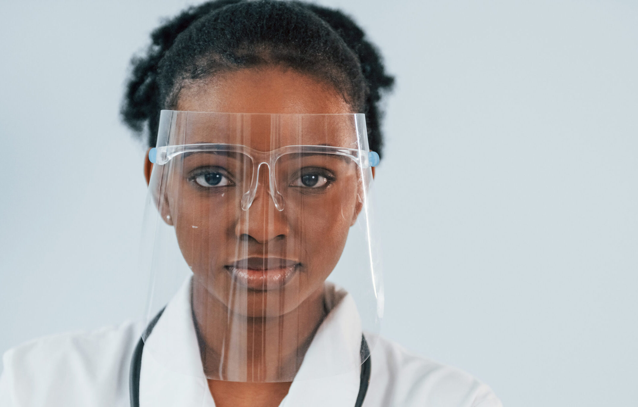 Woman wearing face shield