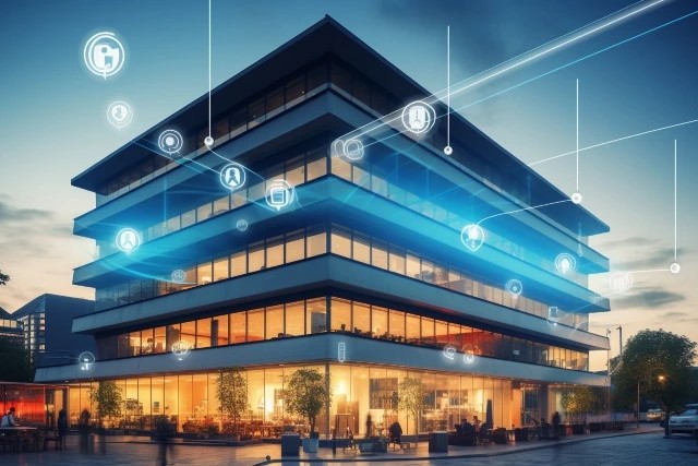 Corporate building exterior in the evening