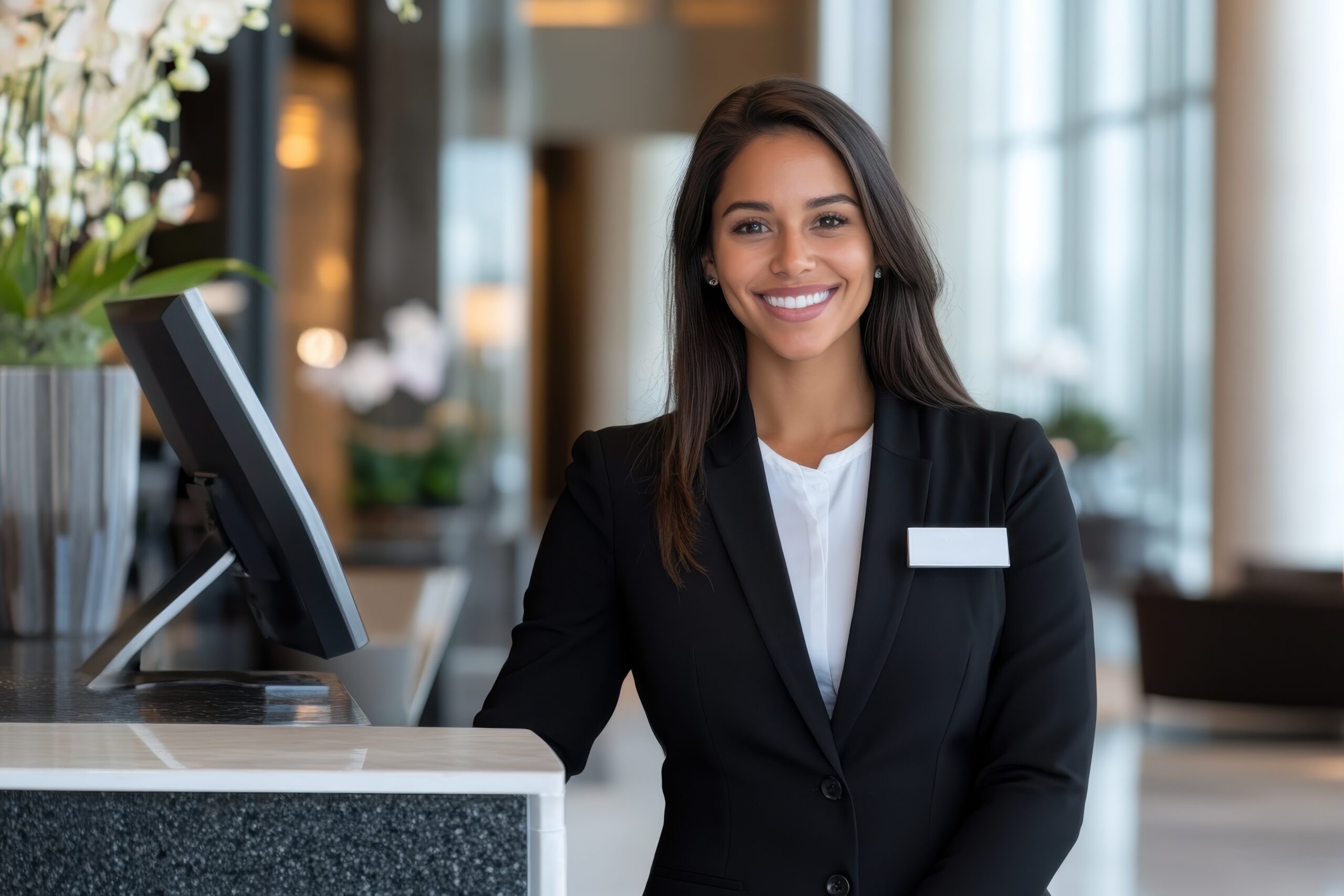 Receptionist smiling at front desk and computer